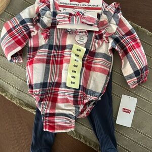 Levi's Red White Navy Plaid Bubble Romper & Navy Leggings Set